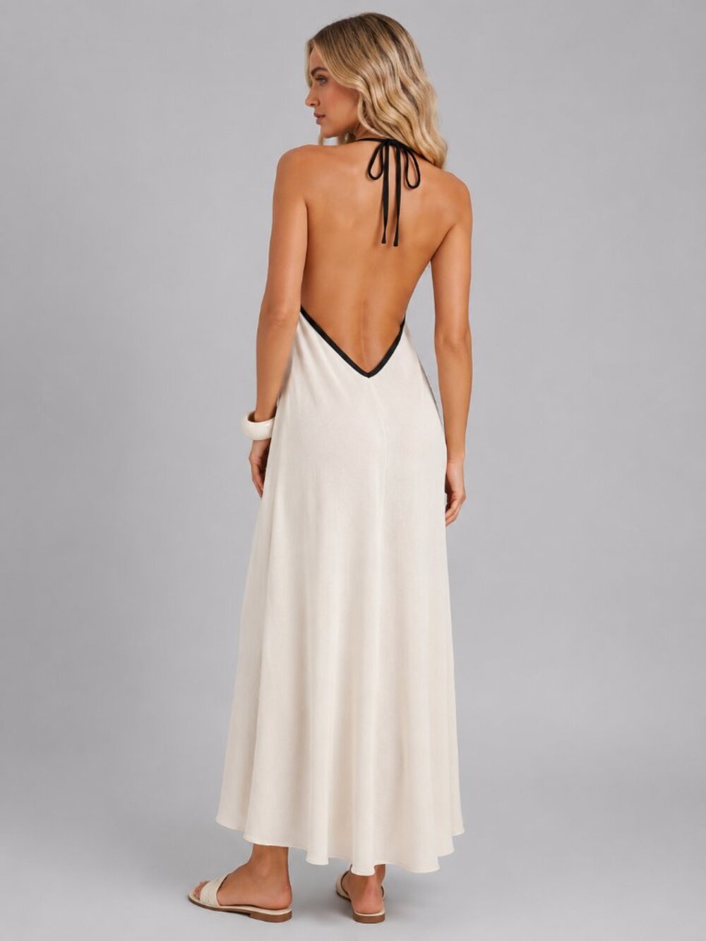 Women’s Linen Halter Maxi Dress Backless Boho Beach Vacation Sundress Summer